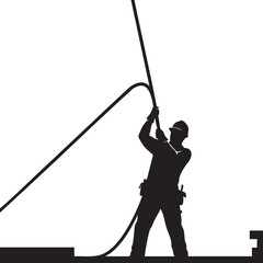 A construction worker in silhouette pulls a cable, showcasing effort and dedication in a minimalist, high-contrast illustration against a white background.