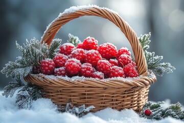 Basket full of berries in the snow.