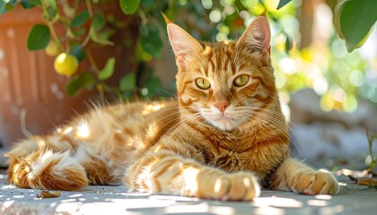 Ginger cat lounging outdoors in sunlight