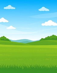 Fototapeta premium Cartoon landscape, vibrant grassy field, rolling hills, bright sky, fluffy clouds