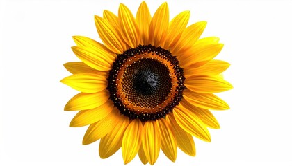 A vibrant, open sunflower with layers of yellow petals, center detail on white