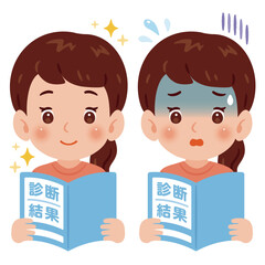 検診結果を見る女性　上半身イラストセット／Woman reviewing medical test results　upper body illustration