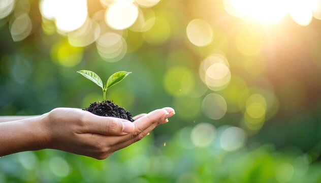 A person stands in a sunlit field, lifting a handful of rich, dark soil, with golden sunlight streaming through their fingers, highlighting the earth's texture.