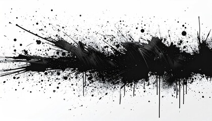 Abstract black paint splatter across white background; chaotic, dynamic, and messy