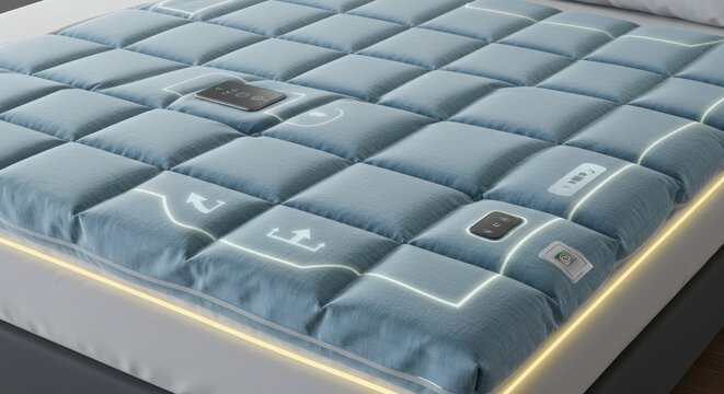 Close up view of a smart mattress showcasing embedded technology and comfort features for sleep and wellness