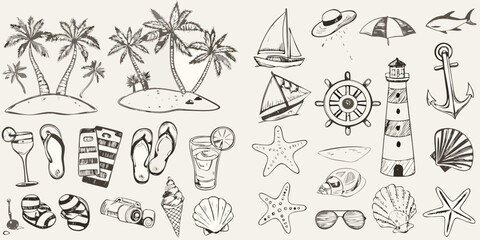 Collection of hand drawn summer beach and tropical island vacation elements