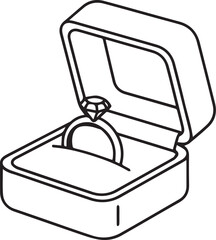 Engagement Ring in Jewelry Box Icon – Vector Line Art Wedding Proposal Illustration