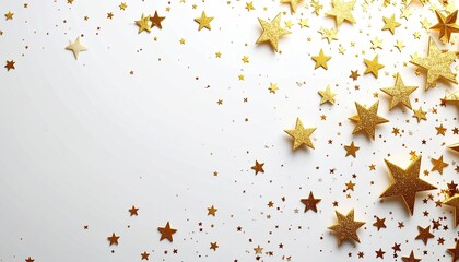 Shiny gold stars and glitter scattered on a white background; festive design
