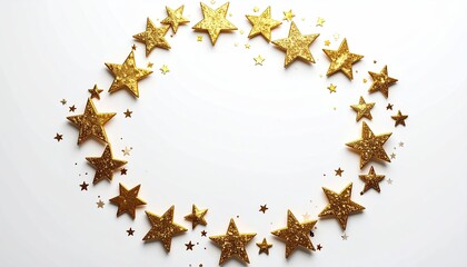 Golden stars form a circular frame on a white surface, scattered confetti