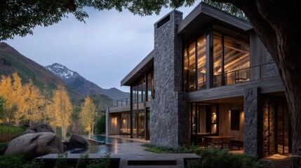 Fototapeta premium Modern architectural structure illuminated at twilight with large glass windows, stone chimney, outdoor pool,