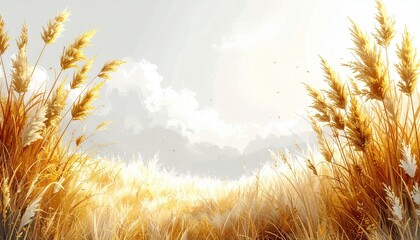 Watercolor depiction of wheat field, sunlight breaking through a cloudy sky