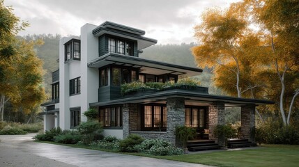 Obraz premium A modern minimalist house with clean lines and white sanded surfaces, featuring large windows and a sleek design.