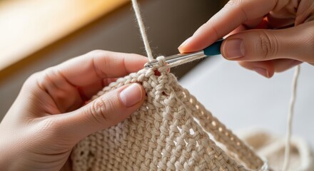 Obraz premium Close-up of hands knitting with beige yarn and needles on a blurred background