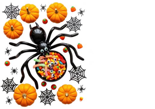 Vector art of halloween spider with candy and pumpkins