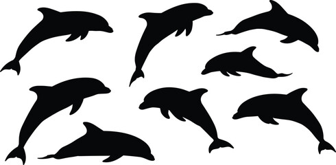 Dolphin silhouette set, marine animal icons, ocean wildlife shapes, swimming dolphin poses, black vector dolphins, aquatic theme illustration, flat vector