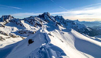 Panoramic aerial view captures snowy mountain peaks under a bright, clear, blue sky. The sun casts shadows across the landscape