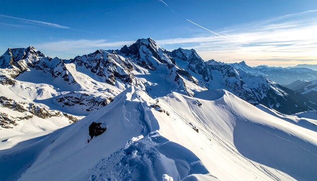 Panoramic aerial view captures snowy mountain peaks under a bright, clear, blue sky. The sun casts shadows across the landscape