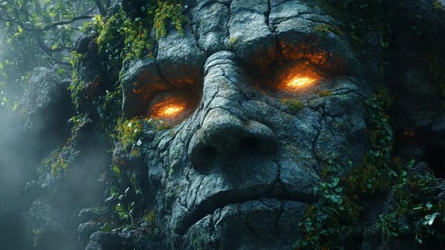 Ancient Stone Face with Glowing Eyes in a Mysterious Jungle.