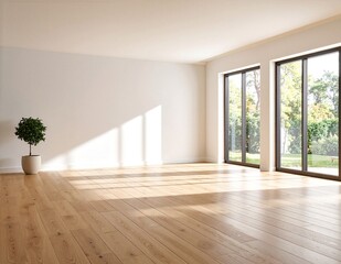 Fototapeta premium A bright room featuring polished wood floors, large windows that invite natural light, and a cozy atmosphere perfect for relaxation or work.