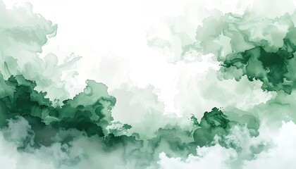 Green watercolor clouds and swirls against a bright white backdrop, abstract