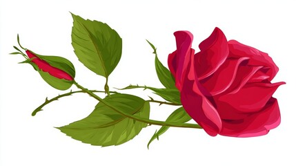 A vibrant illustration of a red rose with a bud, leaves, and thorns, showcasing botanical detail.