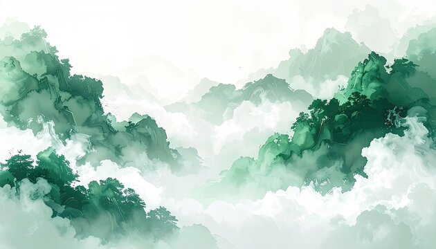 Misty green mountains with cloud-like formations in a stylized, ethereal landscape - Powered by Adobe