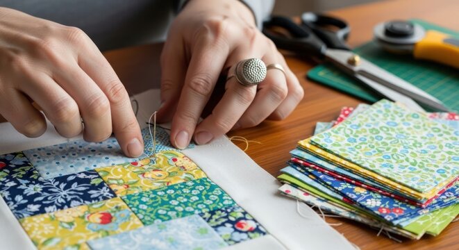 Close-up of hands arranging colorful fabric patches on a table with sewing tools and materials.