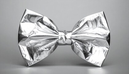 A silver, crinkled bow tie, center-focused against a flat grey backdrop