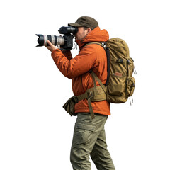 Photographer with camera and backpack isolated on transparent background