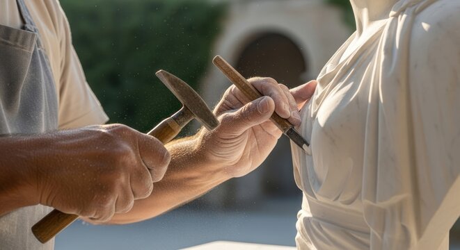 Close-up of a person's hands sculpting a statue with a chisel outdoors.