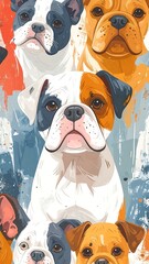 Abstract design featuring painted portraits of various dog breeds