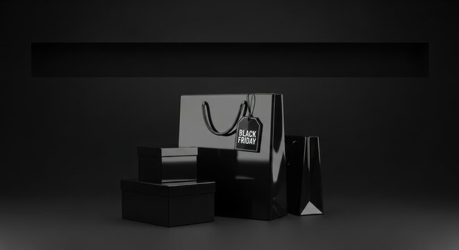 Sleek black shopping bags and gift boxes arranged for Black Friday sales, evoking luxury and exclusive deals on a dark, minimalist background.