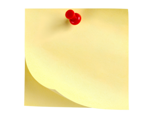 A yellow sticky note with a red pin, isolated on a transparent background.