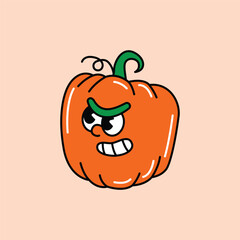 A vibrant orange pumpkin cartoon character with an angry expression, featuring green eyebrows and stem, and white teeth, on a light background. Jack O Lantern Retro Mascot.