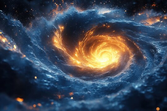 Bright orange star at center of spiral galaxy. - Powered by Adobe