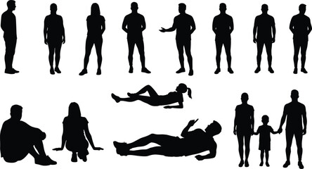 Silhouette collection of people standing, sitting, walking, lying down, family holding hands, human vector illustration, lifestyle design, isolated figures