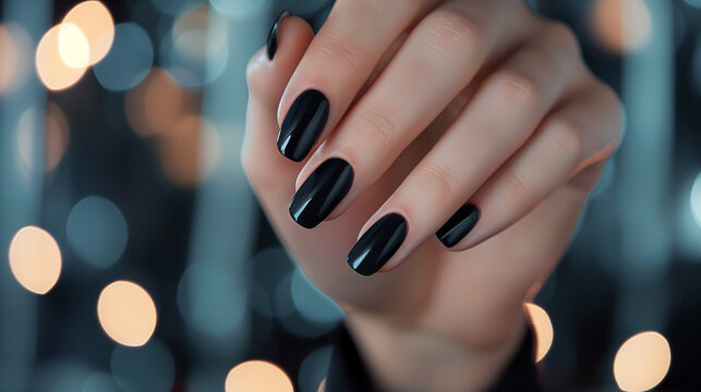 M&atilde;o de Mulher com Unhas Pretas Brilhantes em Fundo Escuro com Luzes