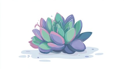 Obraz premium Stylized succulent plant illustration with pastel green, blue, and purple leaves on a white background.
