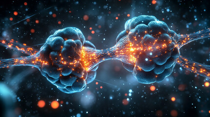 Neural synapse with glowing neurotransmitter connections between two neurons symbolizing brain activity neuroscience communication artificial intelligence and medical science.