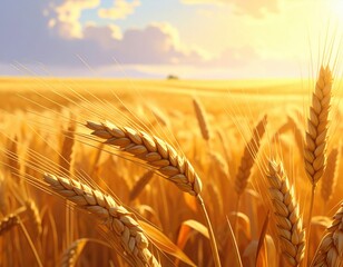 Wheat field. Ears of golden wheat closeup. Harvest concept