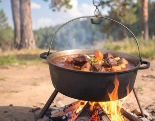 Stew cooking over a campfire in the outdoors