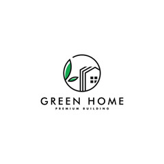 green home logo design line art style, house logotype vector illustration
