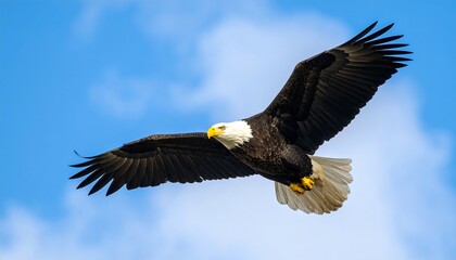 Naklejka premium Bald eagle soaring in a clear blue sky