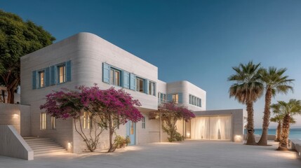 Fototapeta premium Modern two-story stone residence with blue shutters, flowering trees,