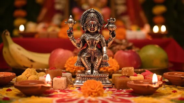 Traditional hindu deepavali dhanteras pooja with lord dhanvantari idol illuminated diyas and fresh fruits symbolizing ayurveda and prosperity