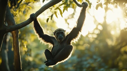 Naklejka premium Monkey hanging from tree branch in sunlight nature wildlife concept