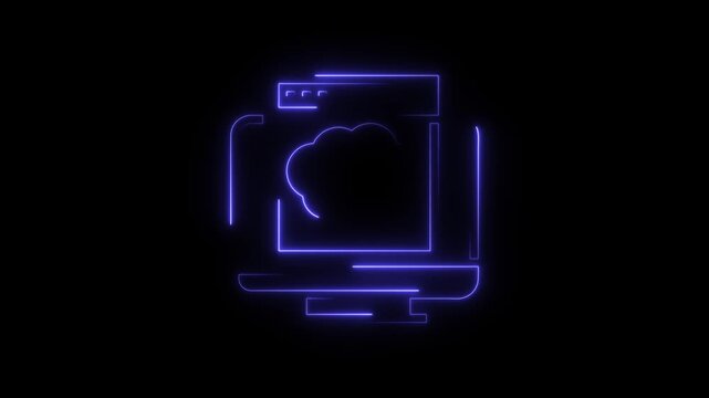 A neon-style outline of a desktop computer setup on a black background.