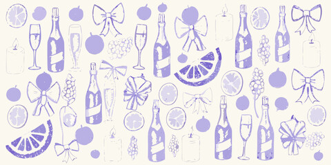 Festive purple hand drawn illustrations of champagne bottles glasses candles bows citrus slices and grapes on a cream background