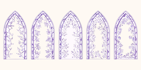 Five gothic arch windows filled with delicate purple floral and vine illustrations on a cream background © Roni