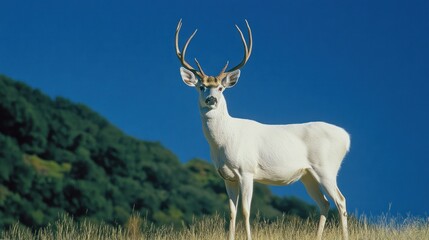 Fototapeta premium Majestic white deer standing on a grassy hill against clear blue sky